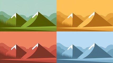 Mountain landscape illustration in various colors. This vector illustration features a set of four mountains, each with a unique color palette