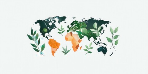 A vibrant world map adorned with greenery, symbolizing nature and ecology.