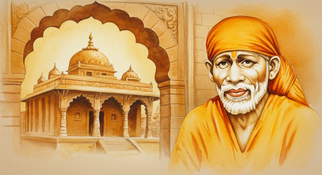 painting of Indian Hindu god Shirdi Sai baba near temple known as samadhi mandir located at Shirdi, Maharastra state of India