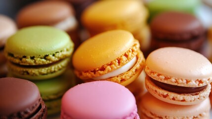 Obraz premium A delightful assortment of colorful macarons displayed in a soft, white background, showcasing their delicate textures and vibrant hues.