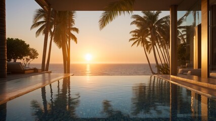 Tranquil ocean view from a luxury villa with an infinity pool at sunset. The calm water reflects the golden light and silhouettes of palms.