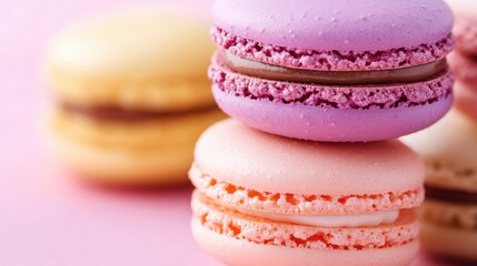 A delightful assortment of colorful macarons displayed in a soft, white background, showcasing their delicate textures and vibrant hues.