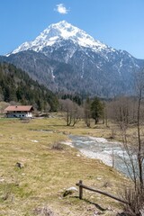 Alpine valley with snow-capped mountain
