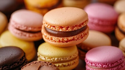 Fototapeta premium A delightful assortment of colorful macarons displayed in a soft, white background, showcasing their delicate textures and vibrant hues.