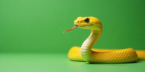 Fototapeta premium A vibrant yellow snake with a forked tongue, poised against a solid green backdrop, showcases its captivating scales and elegant form.