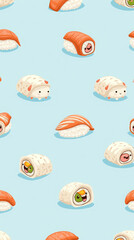 Generative AI Cute Sushi Pattern: Japanese Food Fun sushi pattern seamless cartoon kawaii food japanese food maki nigiri rice happiness playful cute whimsical - Download Now