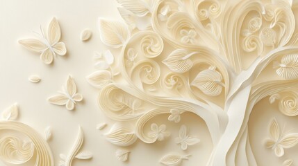 Elegant Paper-Cut Tree: Whimsical Floral Design in Creamy Hues