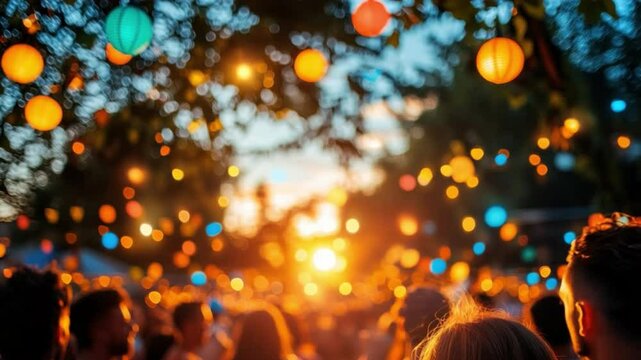 Festival of Lights: A vibrant festival atmosphere unfolds, filled with a tapestry of colorful lanterns and the silhouettes of a crowd, creating a magical and immersive experience.