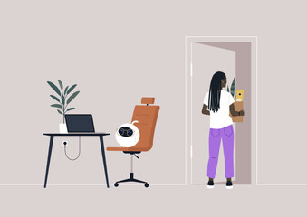 An upset professional leaves an office as a robot takes their place—symbolizing white-collar automation and the quiet replacement of human roles by AI in modern workplaces