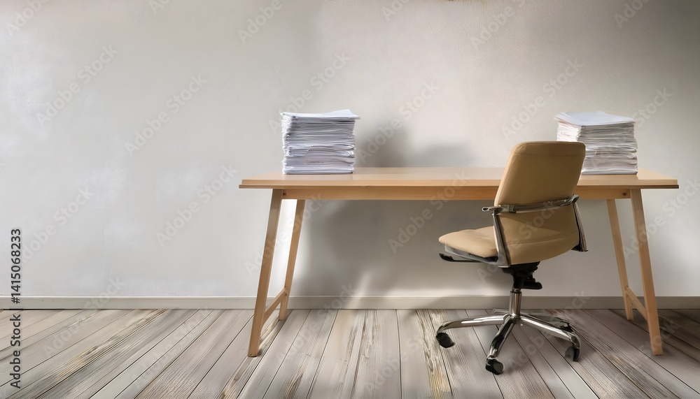 Poster minimalist office setup with a desk and stacked papers