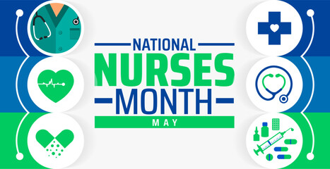 National Nurses Month background banner or poster design template. observed every year in May. Holiday concept. Use to any Template, card, poster, placard, template.