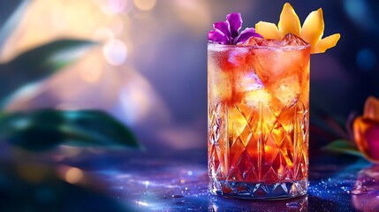A luxury tropical punch with glowing fruit garnishes and shimmering swirls served in a sleek glass 