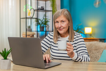 Mature woman working from home on laptop, writing report or replying to emails. Grandmother sitting...