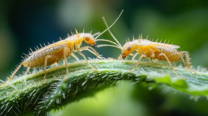 Two spiny insects facing off on a green leaf in close-up view