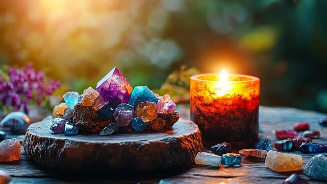 Amethyst crystals and candle on wooden surface footage. Esoteric objects close up in motion video. Healing energy and spiritual practice stock clip for meditation.