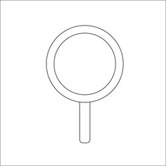 Simple black outline drawing of a magnifying glass on white background. Minimalist line art with double circle lens and handle. Clean design element with small red marker in center