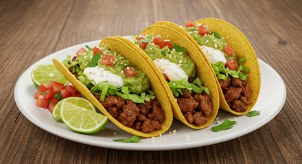 Three flavorful tacos with fresh guacamole, sour cream, and tomatoes on a white plate ready to eat.