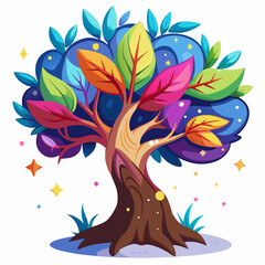 Cute Fantasy Tree With Colorful Leaves Illustration