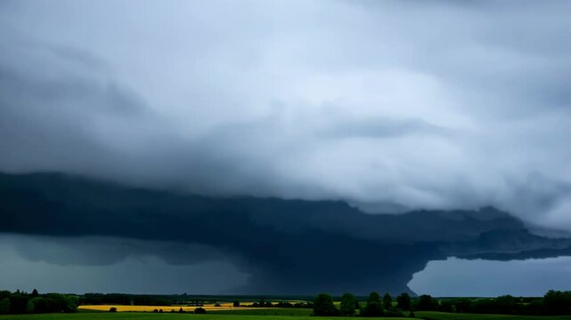 Dramatic timelapse of storm clouds rolling across dark landscape with mountains silhouetted against gray sky Massive cloud formation moves rapidly showing the power of approaching severe weather syste