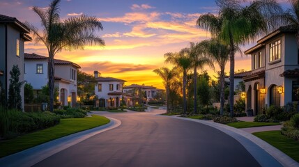 Fototapeta premium Luxury residential street with stunning mansions and palm trees at dusk