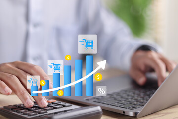 Increased sales growth concept. Strategy development, marketing analysis. Businessman use laptop...