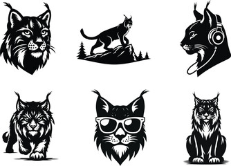 Wild Animal Iberian Lynx Cat Silhouette Set