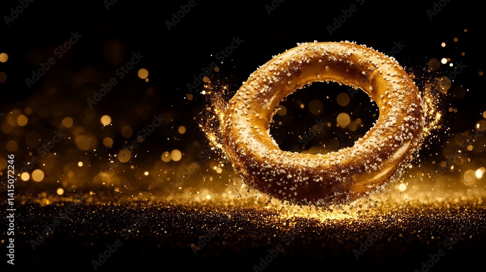 Poster salted pretzel sits suspended against a dark background surrounded by golden bokeh and sparkling par