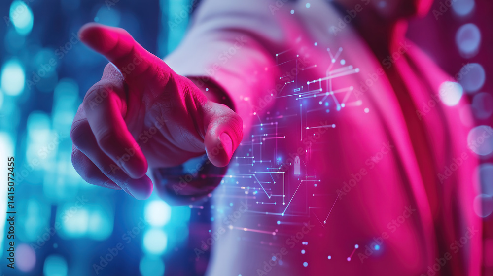 Poster businessman using his fingers to navigate and control a data network in a modern digital workspace