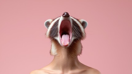 Surreal animal mask portrait playful expression pastel pink background humorous visual