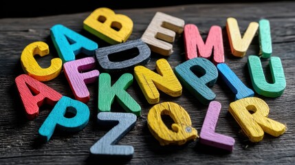 Obraz premium Colorful wooden alphabet letters scattered on a dark wooden surface, creating a playful and educational atmosphere with vibrant tones and textures.