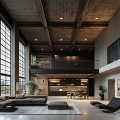 A spacious, industrial-chic loft apartment with exposed concrete and wooden beams.