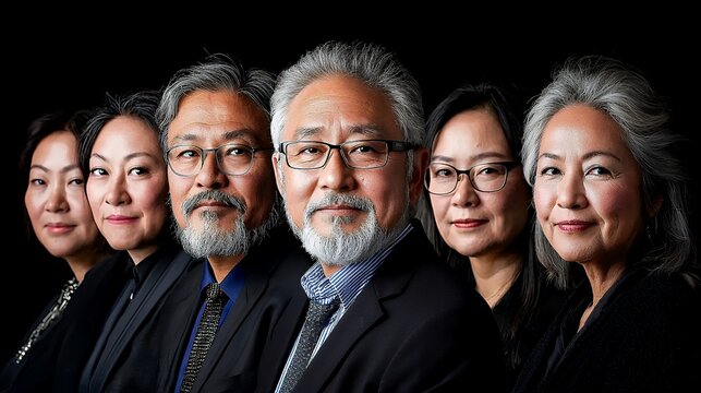 Portrait of diverse asian family group against dark background