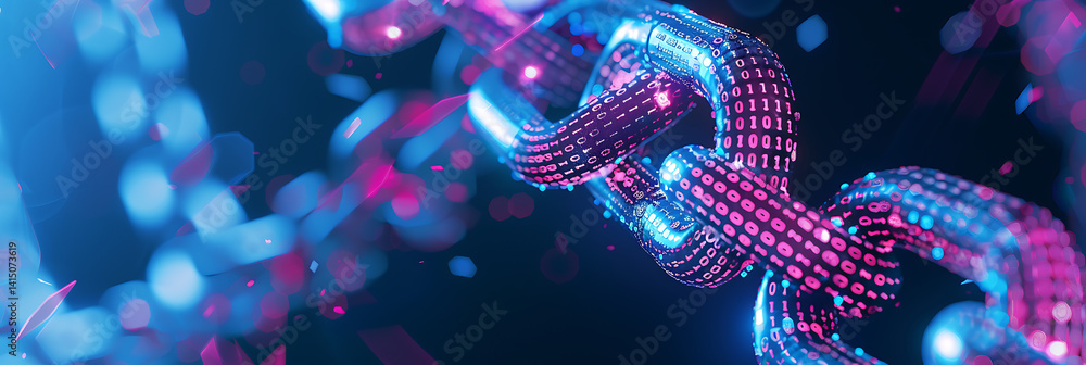 Poster close-up of a single, stylized chain link representing blockchain technology, glowing with vibrant p