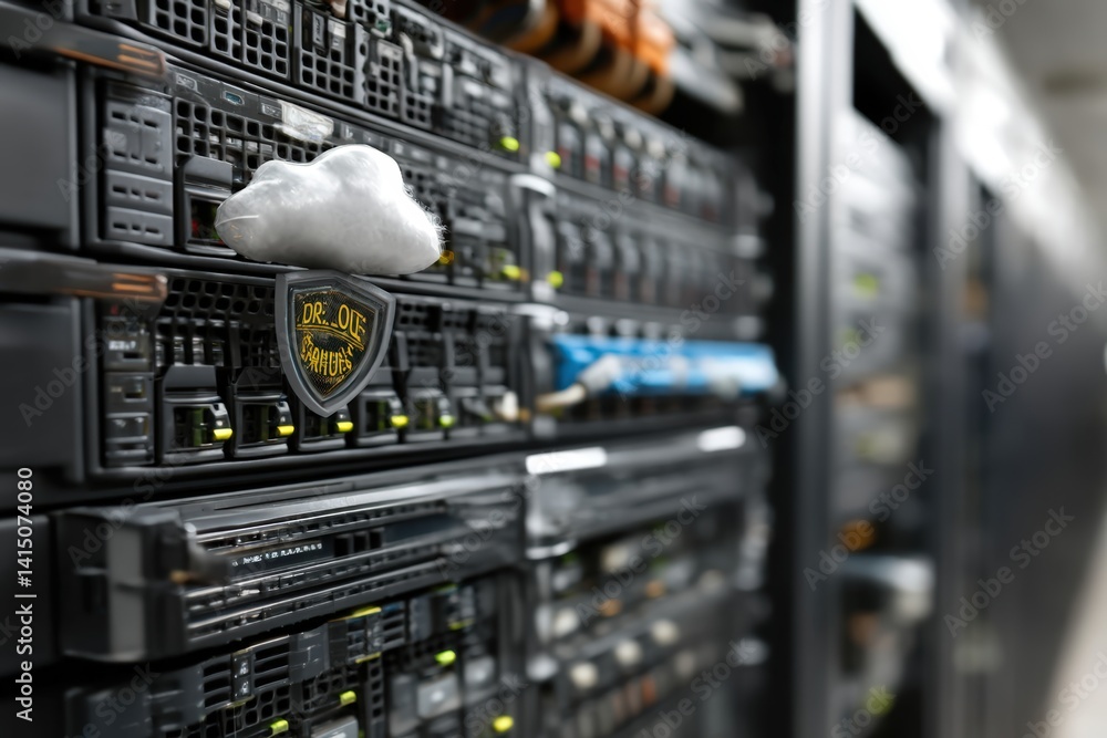 Poster a close-up of server racks featuring a cloud graphic, symbolizing cloud computing technology in a mo