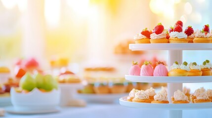 Obraz premium A vibrant display of colorful cupcakes and desserts on a tiered stand, set against a softly blurred background, creating a warm and inviting atmosphere.