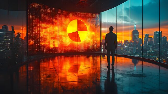 Businessman analyzing a glowing pie chart in a futuristic corporate boardroom