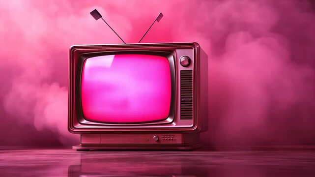 Vintage pink tv with static screen surrounded by pink clouds. Retro television set in hazy environment motion stock footage. Nostalgic and surreal concept clip.