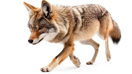 Fototapeta premium Coyote Walking Confidently in a Natural Environment Against a White Background