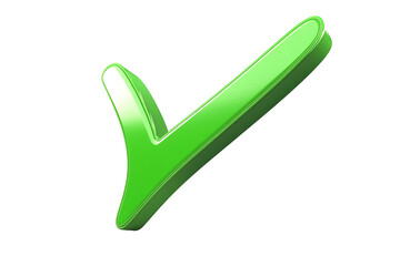 Glossy green check mark floating with a 3D effect against transparent background