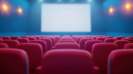 Fototapeta premium A vibrant cinema interior featuring rows of red seats and a blank screen, creating an inviting atmosphere for moviegoers.
