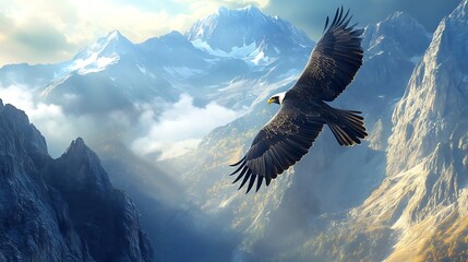 A majestic eagle soaring high above a rugged mountain range 