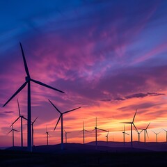 Silhouettes of multiple wind turbines on a hill against a vibrant, colorful sunset sky with dramatic clouds. Renewable energy and sustainable power concept.

