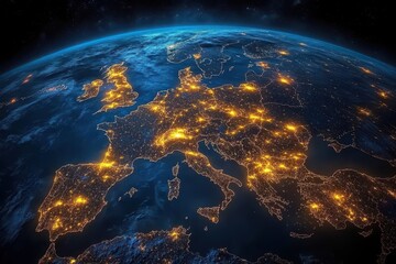 Obraz premium Europe illuminated at night from space showcasing urban areas and natural landscapes