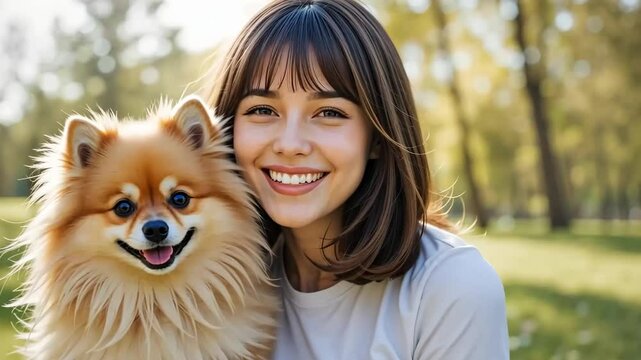 Young brunette girl with bangs 20-25 years old in a white T-shirt, holding a spitz breed dog in her arms in a summer park, happy and smiling