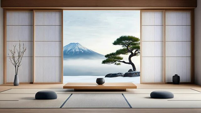 Tranquil Japanese interior, view of snowy mountain and pine tree through sliding doors