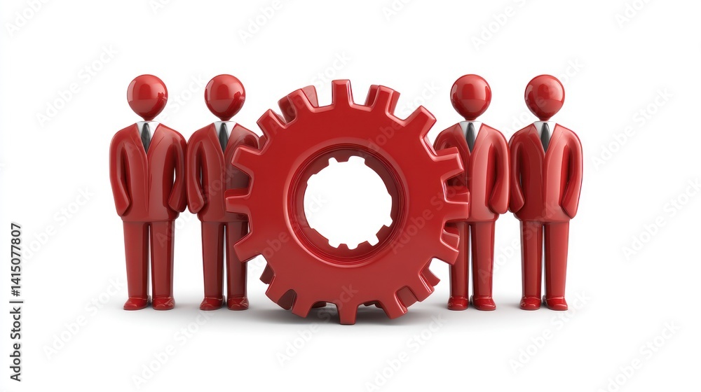 Poster teamwork and collaboration red gear with business figures symbolizing unity and coordination i