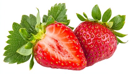 Juicy Red Strawberries with Green Leaves Freshly Cut and Ready for Consumption