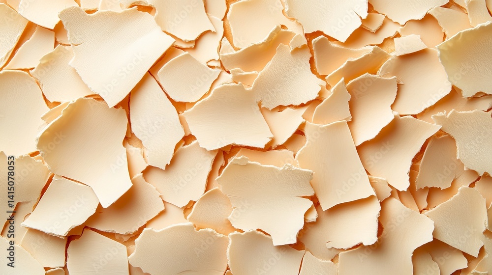 Poster scattered pieces of off-white material are shown in a close-up, creating a textured surface with irr