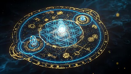 Geometric shapes glowing in blue and gold motion picture. Esoteric astrology signs with flower of life symbol on black background video footage.