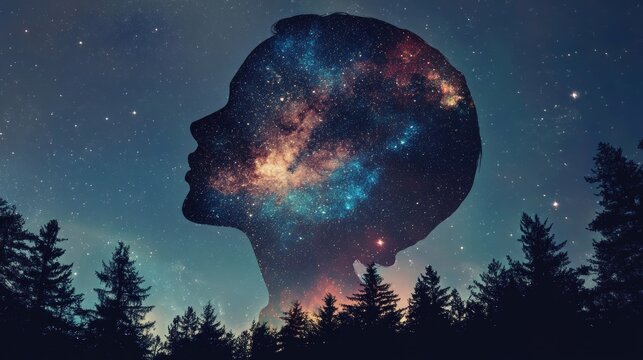 Double exposure of a silhouette looking up with stars and treetops filling the form, cosmic nature feel, room for message